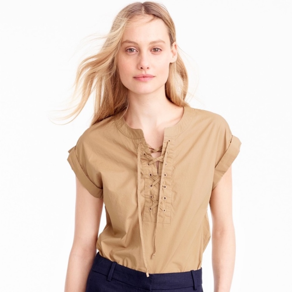 J.Crew Lace Up Popover Top Tan Khaki Size 00